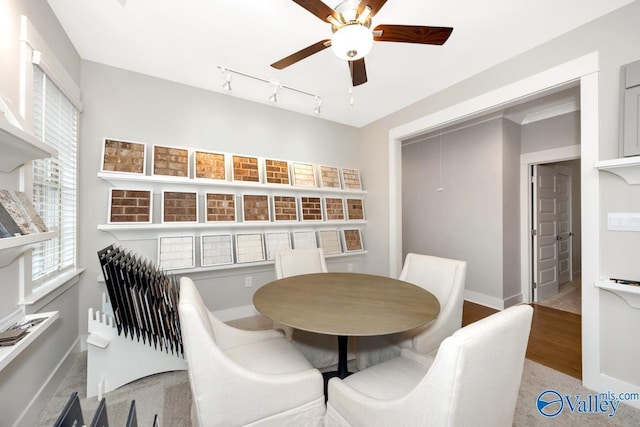 dining room with track lighting and ceiling fan