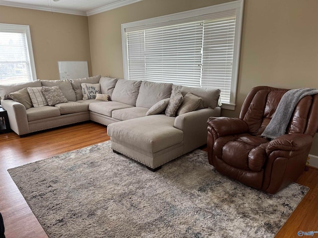 living room featuring hardwood / wood-style floors and crown molding