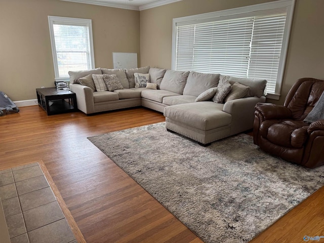 living room with wood-type flooring and ornamental molding