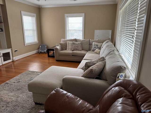 living room with hardwood / wood-style floors, ceiling fan, and crown molding