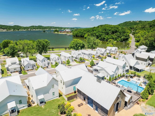 aerial view featuring a water view and a residential view
