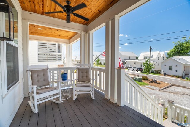 wooden terrace featuring ceiling fan