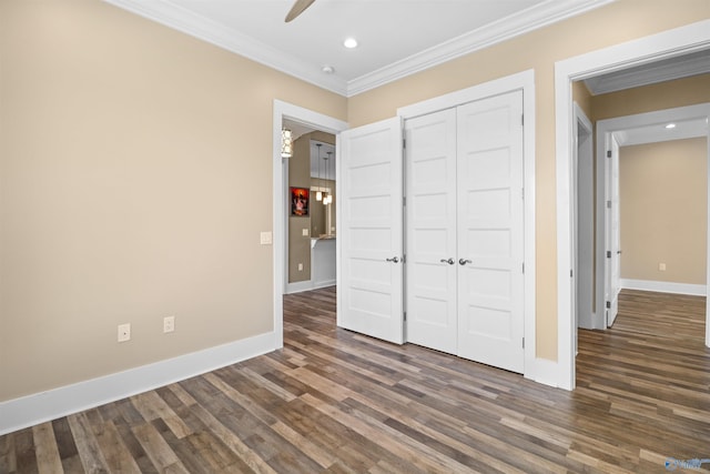 unfurnished bedroom with recessed lighting, baseboards, ornamental molding, and wood finished floors