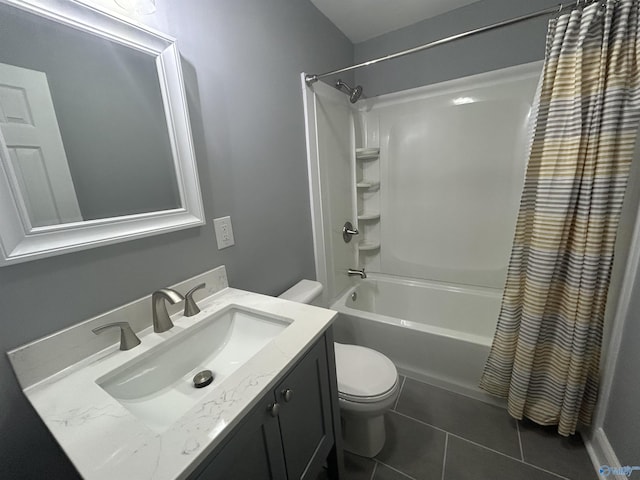 full bath with shower / bath combination with curtain, vanity, tile patterned flooring, and toilet