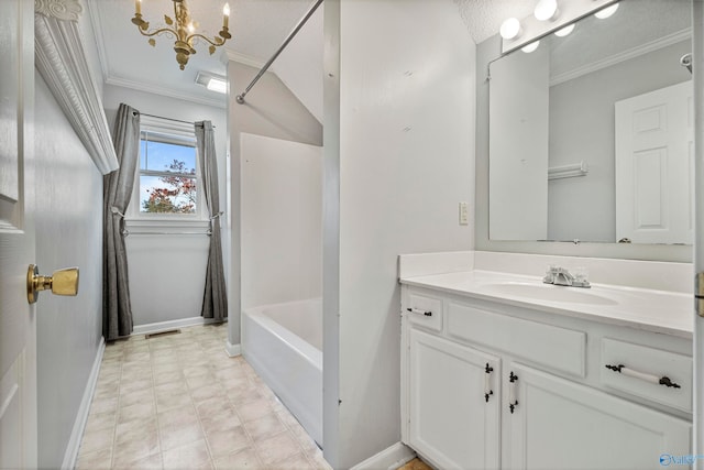 bathroom with shower / tub combo with curtain, vanity, a textured ceiling, and crown molding