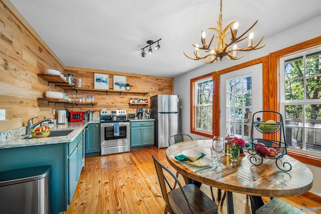 kitchen with light hardwood / wood-style flooring, wooden walls, a wealth of natural light, and appliances with stainless steel finishes