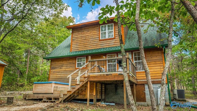 348 Rd 1951, Mentone, AL 35984 - rear view of house featuring a shingled roof, stairs, cooling unit, and a wooden deck