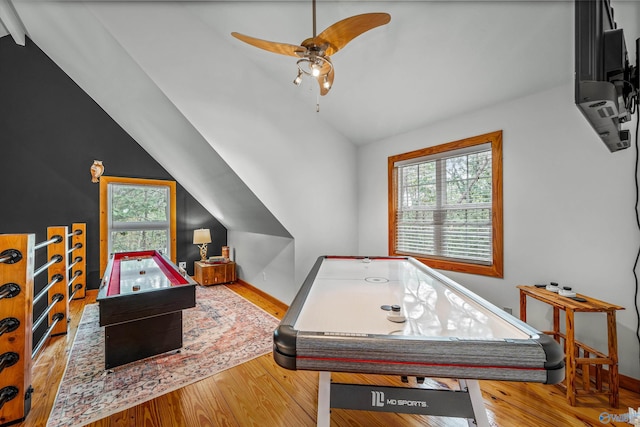 348 Rd 1951, Mentone, AL 35984 - playroom featuring vaulted ceiling, wood finished floors, a ceiling fan, and baseboards