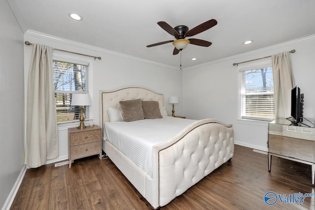 bedroom with multiple windows, ornamental molding, dark hardwood / wood-style floors, and ceiling fan