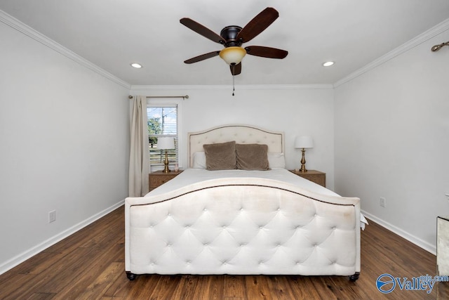 bedroom with ornamental molding, dark wood-type flooring, and ceiling fan