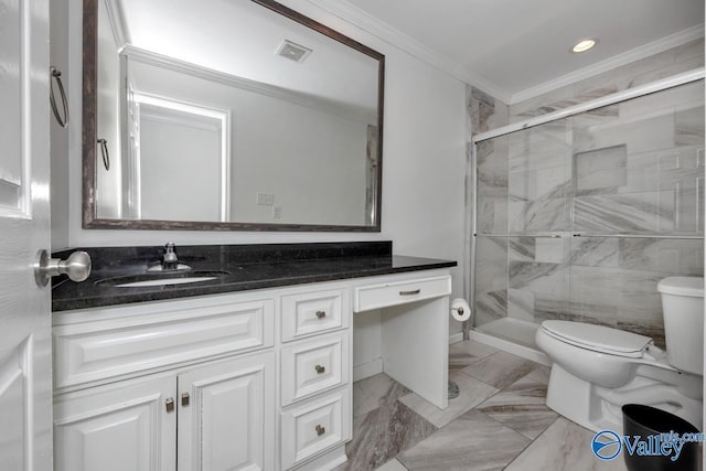 bathroom featuring tile walls, vanity, ornamental molding, a shower with shower door, and toilet