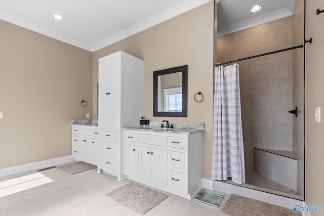 bathroom featuring vanity, tile patterned floors, and a shower with curtain