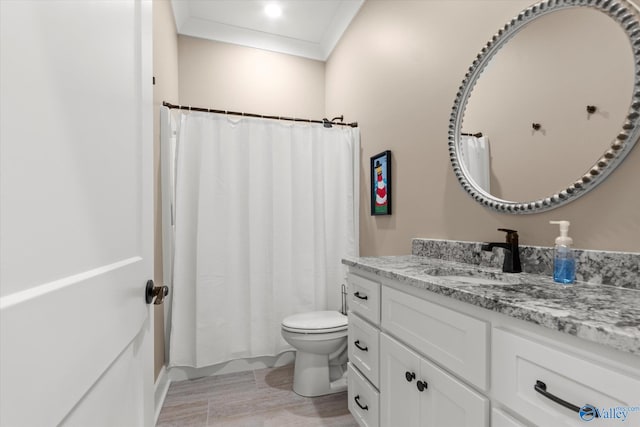 bathroom with vanity, hardwood / wood-style flooring, and toilet