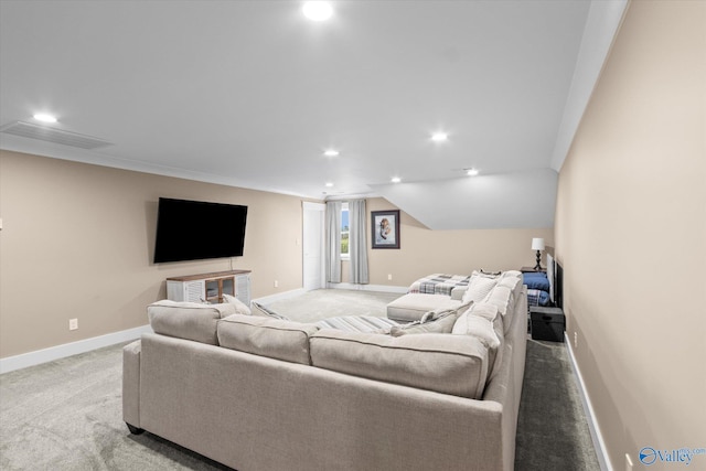 living room with light carpet and vaulted ceiling