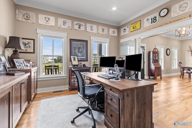 office area featuring light hardwood / wood-style flooring and ornamental molding