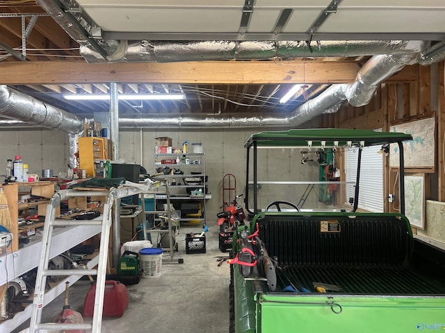 garage with a workshop area