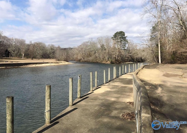 view of dock with a water view and a view of trees