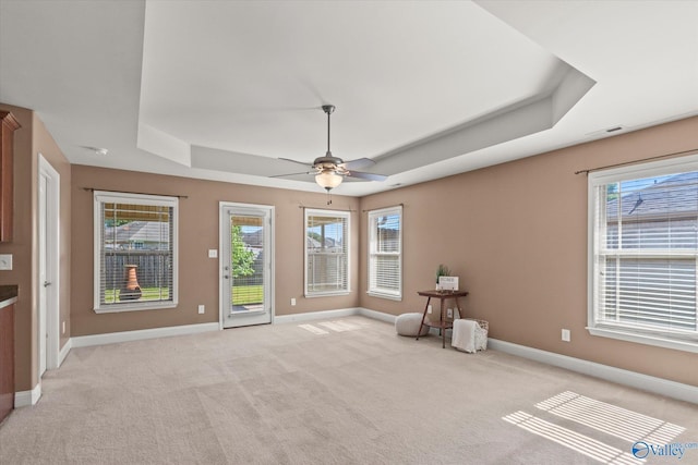 5008 Montauk Trl, Owens Cross Roads, AL 35763 - empty room featuring a raised ceiling, baseboards, light colored carpet, and plenty of natural light