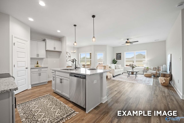 kitchen with open floor plan, a sink, stainless steel dishwasher, and wood finished floors