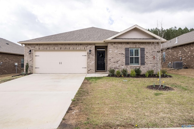 ranch-style house with concrete driveway, an attached garage, brick siding, and a front lawn