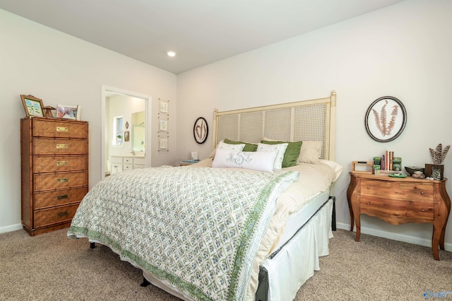 bedroom featuring recessed lighting, baseboards, connected bathroom, and carpet