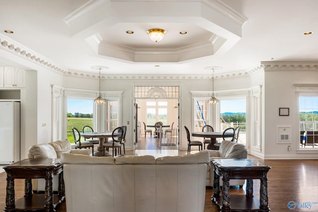 living room with a tray ceiling, crown molding, and dark wood-type flooring