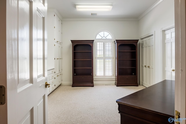 unfurnished office featuring plenty of natural light, ornamental molding, and light colored carpet