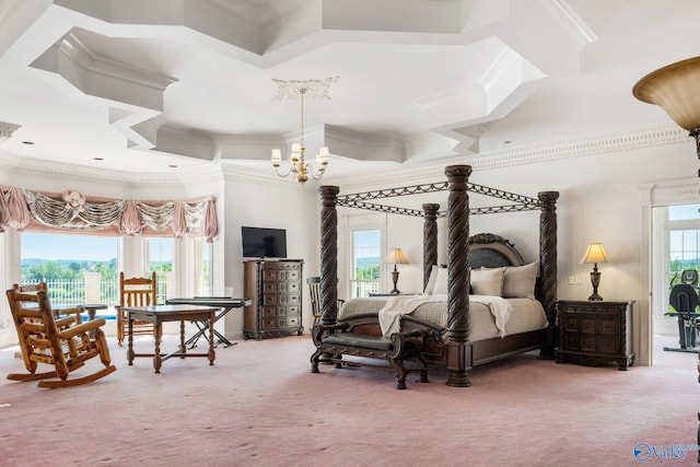 carpeted bedroom featuring ornamental molding, an inviting chandelier, coffered ceiling, and a towering ceiling