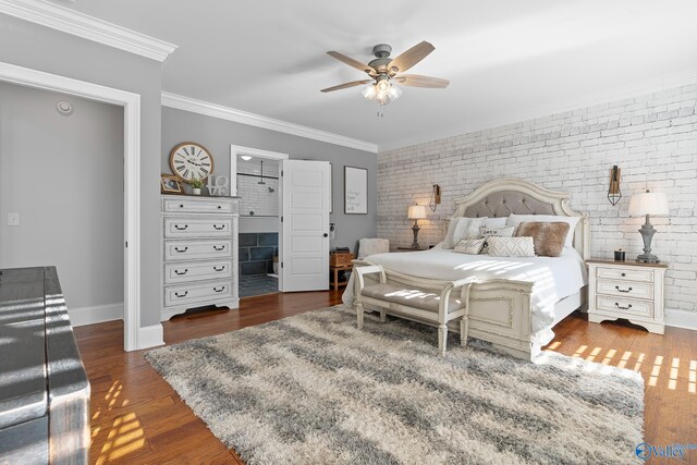 bedroom with ceiling fan, brick wall, dark hardwood / wood-style floors, and ornamental molding