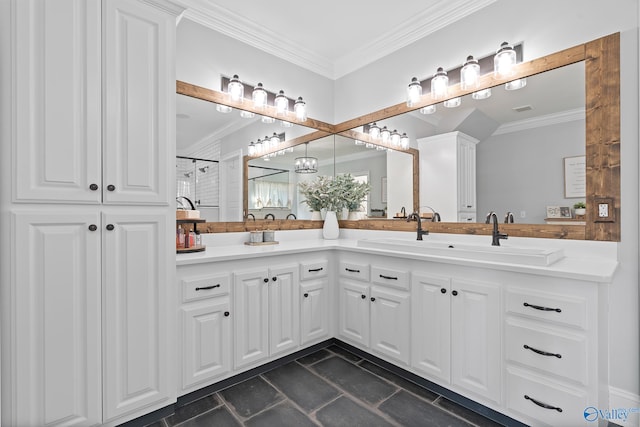 bathroom with vanity and crown molding