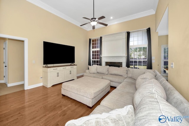 living room with crown molding, hardwood / wood-style floors, ceiling fan, and a high ceiling