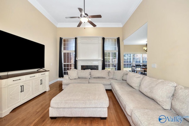 living room with ceiling fan, wood-type flooring, and ornamental molding