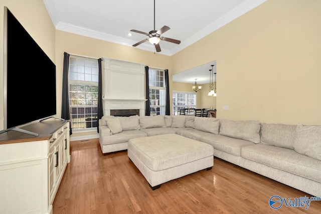 living room featuring ceiling fan with notable chandelier, crown molding, and light hardwood / wood-style flooring