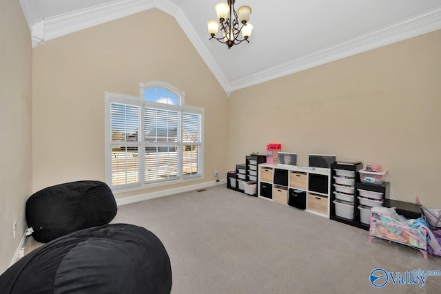 living area featuring high vaulted ceiling, carpet floors, a chandelier, and ornamental molding