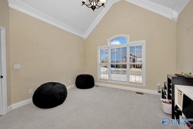 sitting room featuring a chandelier, high vaulted ceiling, light colored carpet, and ornamental molding