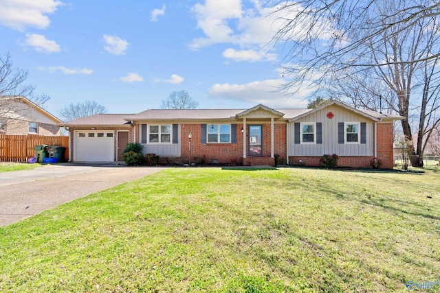 ranch-style house with brick siding, an attached garage, fence, and driveway