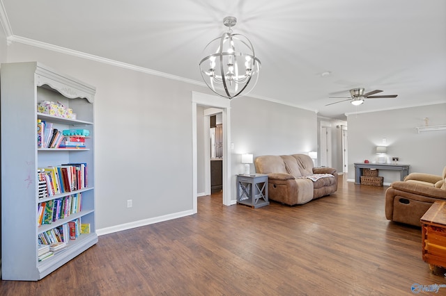 living room with crown molding, ceiling fan with notable chandelier, baseboards, and dark wood-type flooring