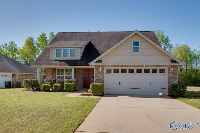 craftsman-style home featuring a garage, brick siding, a front yard, and concrete driveway