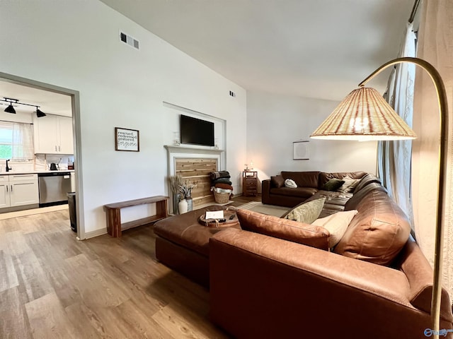229 Crawford Rd, Scottsboro, AL 35769 - living room with light wood-style floors, a stone fireplace, and visible vents