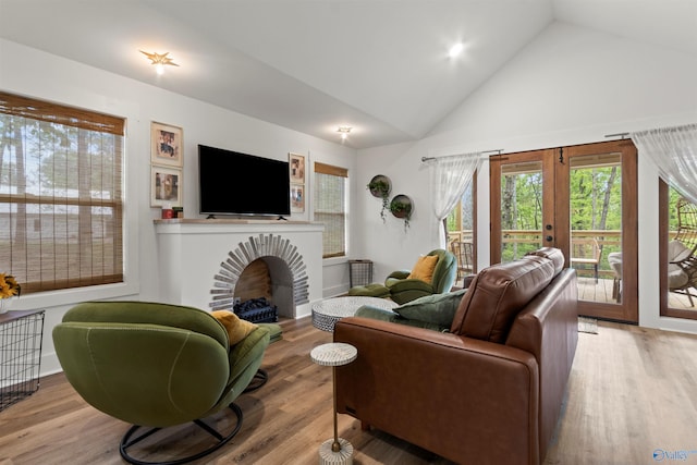 living room featuring light hardwood / wood-style floors, high vaulted ceiling, and french doors