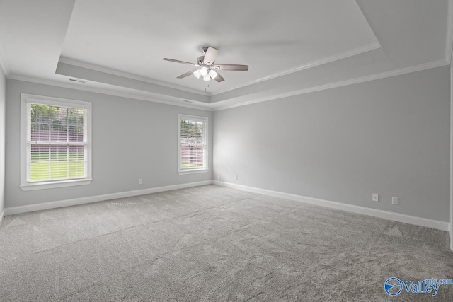 2624 Bransford Trl, Owens Cross Roads, AL 35763 - spare room with a tray ceiling, ceiling fan, crown molding, carpet floors, and baseboards