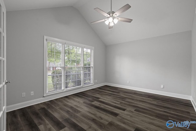 2624 Bransford Trl, Owens Cross Roads, AL 35763 - empty room with a ceiling fan, baseboards, high vaulted ceiling, and dark wood finished floors