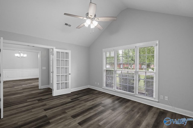 2624 Bransford Trl, Owens Cross Roads, AL 35763 - spare room featuring a ceiling fan, a chandelier, dark wood-style floors, high vaulted ceiling, and baseboards