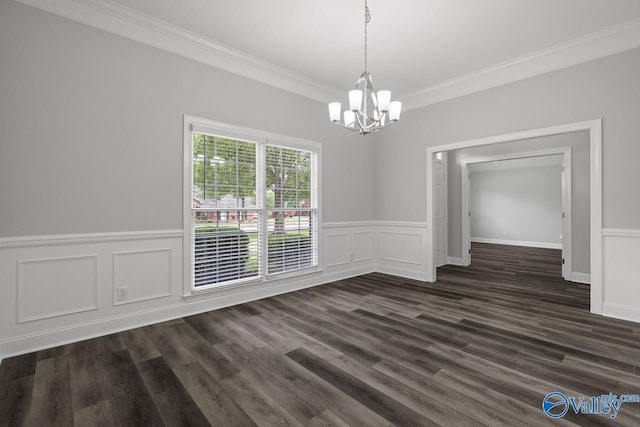 2624 Bransford Trl, Owens Cross Roads, AL 35763 - unfurnished dining area with a chandelier, crown molding, a wainscoted wall, a decorative wall, and dark wood-style flooring