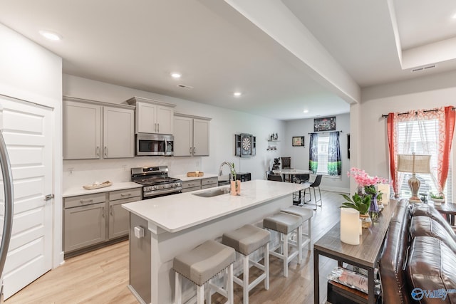 kitchen featuring a sink, a kitchen breakfast bar, gray cabinets, stainless steel appliances, and visible vents