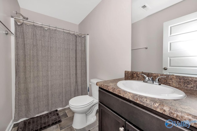 bathroom with toilet, visible vents, a shower with shower curtain, and vanity