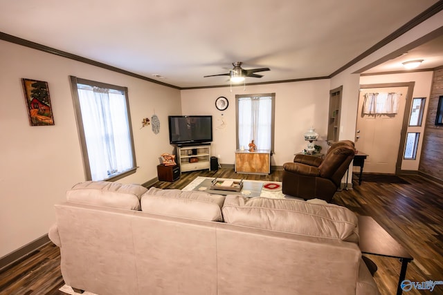 living room featuring ceiling fan, plenty of natural light, and dark hardwood / wood-style floors