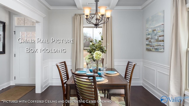 dining area with dark hardwood / wood-style flooring, a notable chandelier, coffered ceiling, and beamed ceiling