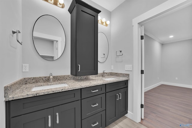 bathroom with hardwood / wood-style flooring and vanity