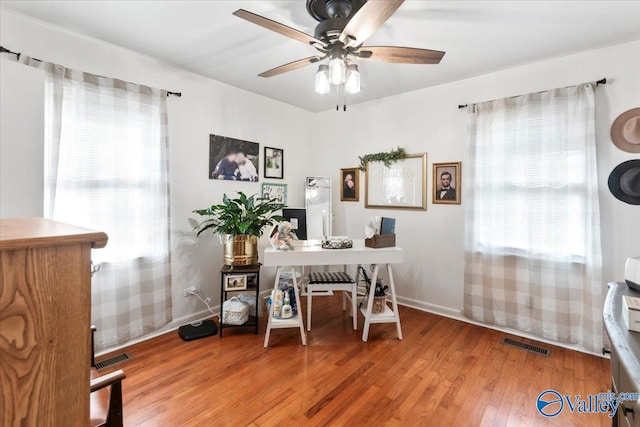 office space featuring ceiling fan, a healthy amount of sunlight, and wood-type flooring